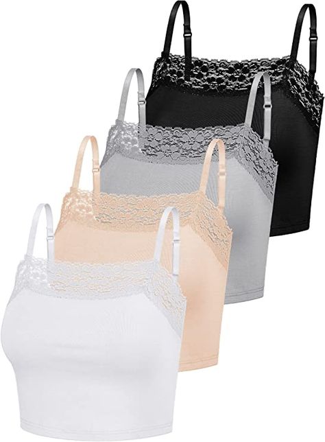 4 Pcs Women's Camisole with Lace Trim Lace Crop Top Half Cami Top Breathable Lace Bralettes Cami Crop Lace Tank Tops for Girl(Black, Gray, Beige, White,Large) Low Neckline Dress, Lace Spaghetti Strap Top, Tops With Lace, Trim Design, Spaghetti Strap Crop Top, Womens Camisoles, Lace Cami Top, Lace Bandeau, Lace Camisole