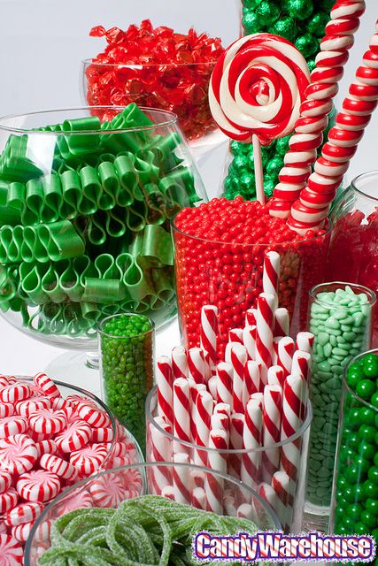 Christmas Candy Buffet: Add a sweet touch to your holiday parties and events with a delicious assortment of candies featuring the colors of red, white, and green! Shown here are chocolate covered almonds, cinnamon hard candy sticks, ribbon candy, gummy bears, swirl suckers and twist lollipops, taffy, peppermints, chocolate balls, sour strings, candy canes, and rock candy. Christmas Candy Buffet, Lolly Bar, Candy Gummy, Amigurumi For Beginners, Chocolate Balls, Christmas Dreaming, Ribbon Candy, Candy Sticks, Christmas Brunch