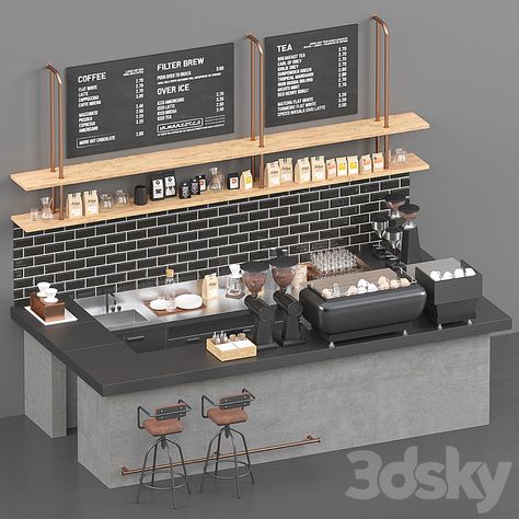 Coffeeshop - Restaurant - 3D model Checkout Counter Design, Caffee Restaurant Design Plan, Counter Cafe Design, Cafe Blueprint, Cafe Counter Layout, Small Cafe Design Ideas, Commercial Coffee Bar Design, Coffee Shop Ideas Design, Bar Coffee Design