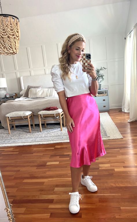 Pink Skirt Outfit Work, Pink Skirt And Top Outfit, Bright Pink Skirt Outfit, Hot Pink Silk Skirt Outfit, Pink Satin Midi Skirt Outfit, Hot Pink Satin Skirt Outfit, Pink Long Skirt Outfit, Pink Outfit Skirt, Hot Pink Silk Skirt