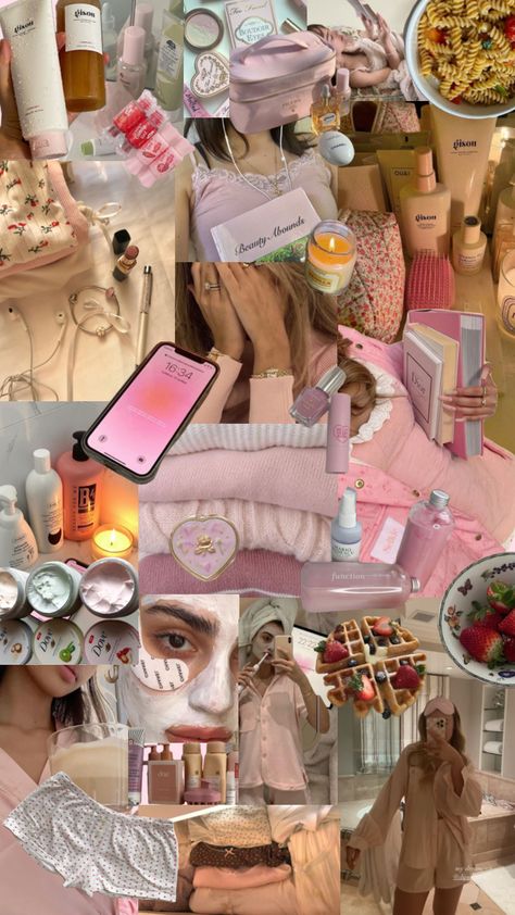 Pink Self Care Aesthetic Wallpaper, Selfcare Pictures, Skin Care Wall, Selfcare Collage, Self Care Collage, Pink Aesthetic Lifestyle, Skincare Moodboard, Pink Mood Board, Cute Skincare