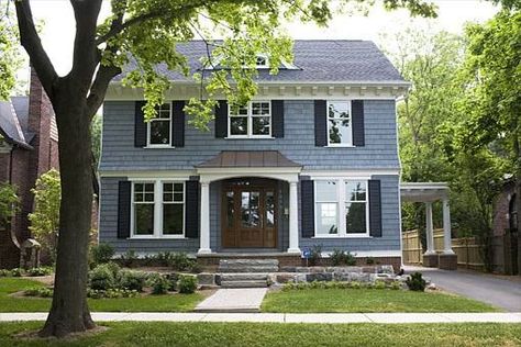 houses painted blue gray - Yahoo Image Search Results Colonial House Exteriors, Exterior House Colors With Brown Roof, Black Shutters, Brown Roof, House Shutters, Colonial Exterior, Porte Cochere, Grey Houses, Exterior Paint Colors For House