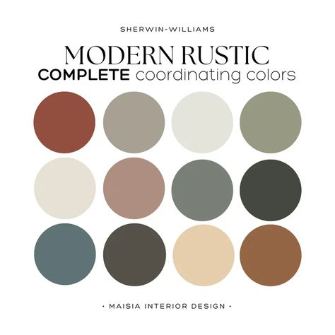 Sherwin Williams Color Palette MODERN RUSTIC Color Palette Whole House Paint Color Rustic Modern Paint Palette Whole Home Palette Idea - Etsy Rustic Home Colour Palettes, Modern Rustic Colors Palette, Bathroom Paint Colors Dark Cabinets, Fall House Color Scheme, Earthy Office Colors, Black Paint Color Palette, Whole House Aesthetic, Rustic Farmhouse Wall Colors, Two Tone Cabinets Color Combos Paint