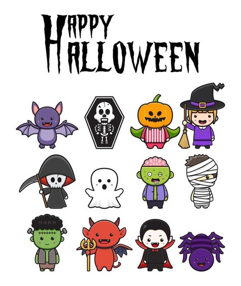 Set collection of cute halloween character celebration illustration Halloween Stickers Printable, Cute Halloween Drawings, Halloween Invitaciones, Celebration Illustration, Imprimibles Halloween, Grim Reaper Halloween, Spooky Signs, Halloween Character, 8bit Art