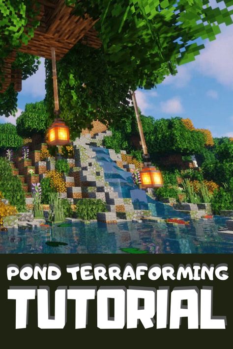 Waterfall Minecraft Ideas, Minecraft Waterfall Design, Pond Landscaping Minecraft, Waterfall Minecraft Build, Waterfall Pond Minecraft, Minecraft Pond Design, Minecraft Waterfall House, Small Waterfall Minecraft, Minecraft Small Pond