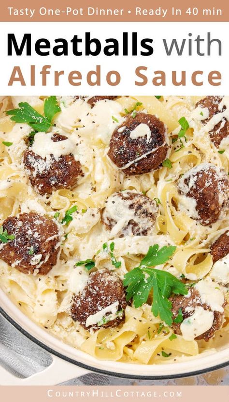 See how to make the best meatballs alfredo! Tender meatballs with alfredo sauce are creamy, fla-vorful, and perfect for a family dinner that comes together in under 1 hour and just one pot. Serve with hot pasta for a satisfying and comforting meal. Since meatball alfredo pasta reheats well, you can prep the meal a few days in advance, too. Includes variations for meatball subs, pasta bake, and Italian-inspired alfredo meatballs with ground turkey and ground chicken. | CountryHillCottage.com Meatball Alfredo Recipes, Turkey Meatball Alfredo Pasta, Ground Turkey And Alfredo Sauce Recipes, Alfredo Pasta With Meatballs, Meatball Fettuccine Alfredo, Meatballs In Alfredo Sauce, Alfredo Sauce With Meatballs, Meatballs With White Sauce Pasta, Alfredo Meatballs Crockpot