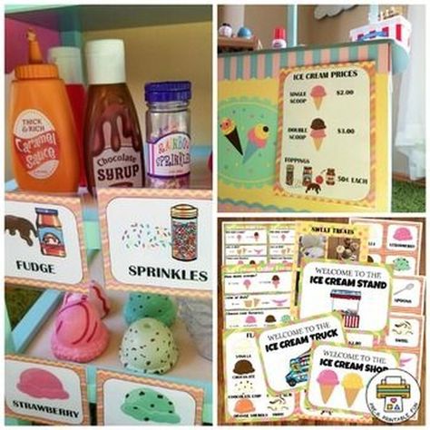 Ice Cream Shop Dramatic Play Pack includes all of the printable props you'll need to transform your dramatic play area into an Ice Cream Shop, Stand, or Ice Cream Truck! Includes 3 Store signs to choose from (Ice Cream Stand, Ice Cream Shop and Ice Cream Truck), Open and Closed Signs, Ice Cream Order Forms, Ice Cream Flavors Sign and more! #shop #prekprintablefun #tpt Preschool Dramatic Play Ideas, Ice Cream Shop Dramatic Play, Dramatic Play Space, Printable Ice Cream, Pretend Play Ideas, Preschool Dramatic Play, Early Childhood Education Programs, Summer Preschool Activities, Printable Props