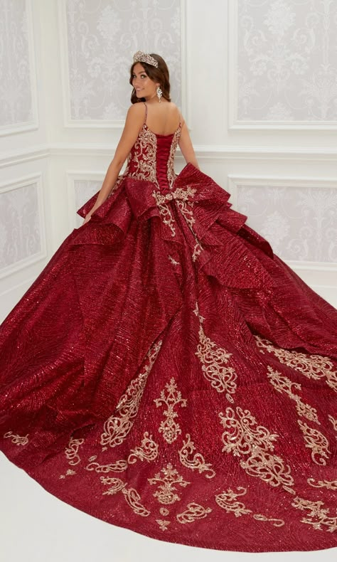 Glitter quinceanera dress with a corset back, train, back bow detail, and detachable sleeves. Wine Red Quince, Red Theme Quince, Quince Ideas Red, Quinceañeras Ideas, Burgundy Quince, Red Quince Theme, Rose Gold Quinceanera Dresses, Sweet 16 Planning, Quinceanera Dress Ideas