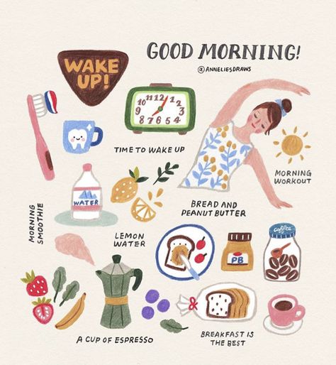 Good morning! What are your daily rituals or daily habits that bring you peace? Love this illustration of a good morning ritual routine. #morningrituals #dailyrituals #dailyroutines Vie Motivation, Mini Marshmallows, Self Care Activities, Self Improvement Tips, Cute Illustration, Morning Routine, Better Life, Happy Life, Mantra