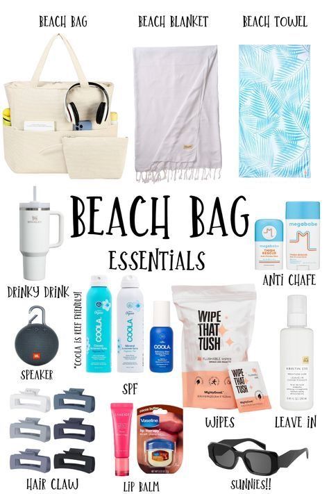 Pool Party Bag Essentials, Beach Road Trip Essentials, Travel Essentials Beach Vacations, Packing List For The Beach Vacation, Beach Trip Essentials Packing Lists, Vacation Essentials List The Beach, What To Pack For Beach Day, Things To Pack For Vacation Beach, What To Pack In Your Pool Bag