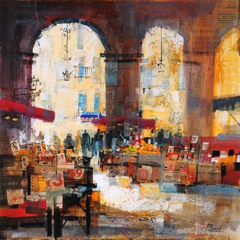 Mike Bernard - "Market in Umbria" Foggy Places, Painting Buildings, Mike Bernard, Urban Painting, City Scapes, Naive Illustration, Social Art, Principles Of Art, Architecture Painting