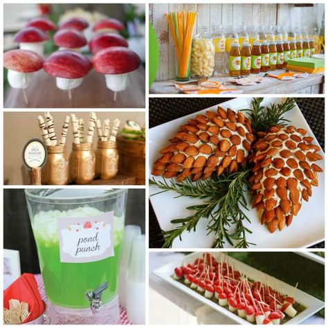 Woodland Party Food and Drinks! Healthy Woodland Party Food, Mountain Theme Food Ideas, Nature Theme Food Ideas, Mountain Themed Food Party Ideas, Snacks For Woodland Party, Diy Woodland Party Decor, Wilderness Party Food, Nature Themed Birthday Party Food Ideas, Woodlands Party Food