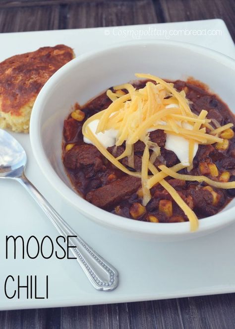 Moose Chili Slow Cooker, Moose Chili Recipes, Ground Moose Meat Recipes, Moose Chili, Moose Recipes, German Potato Soup, Moose Meat, Cosmopolitan Cornbread, Cowboy Food