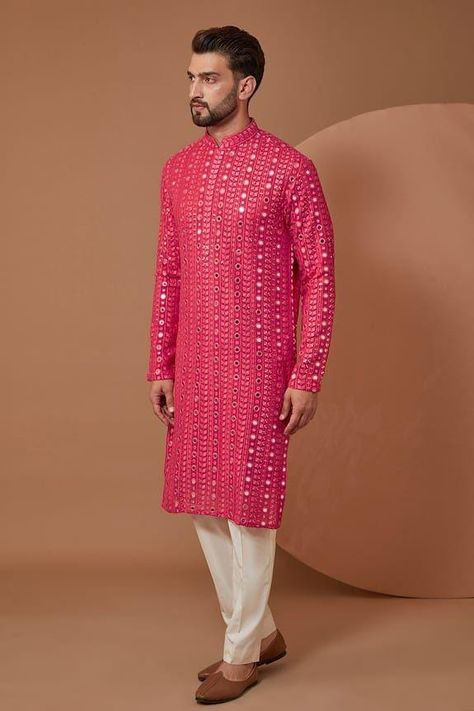 Mendhi Outfit, Georgette Kurta, Boys Kurta Design, Groom Dress Men, Men's Wedding Outfit, Gents Kurta Design, Men Fashion Photo, Pink Kurta, Gents Kurta