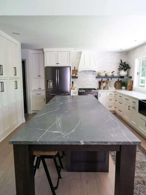 How To Extend A Kitchen Island, Table Islands In Kitchen, Eat In Kitchen Island Table, Extra Long Kitchen Island With Seating, Extend Island In Kitchen, Elongated Kitchen Islands, Giant Island Kitchen, Kitchen Island Black Countertops, Kitchen Island With Integrated Table