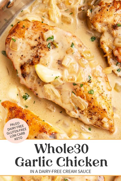 This creamy garlic chicken is out-of-this-world delicious and seriously might be my favorite Whole30 recipe ever! Packed with savory flavors and tons of rich, roasted garlic, the tender chicken and creamy sauce just put it all over the edge. Serve over mashed potatoes or cauliflower and sink in. Antiinflammatory Meals Chicken, Whole30 Potato Recipes, Whole Food 30 Recipes, Whole 30 Snack Ideas, Whole 30 Recipes Chicken, Simple Whole 30 Recipes, Vegetarian Whole 30 Recipes, Paleo Chicken Thigh Recipes, Whole 30 Crockpot Chicken