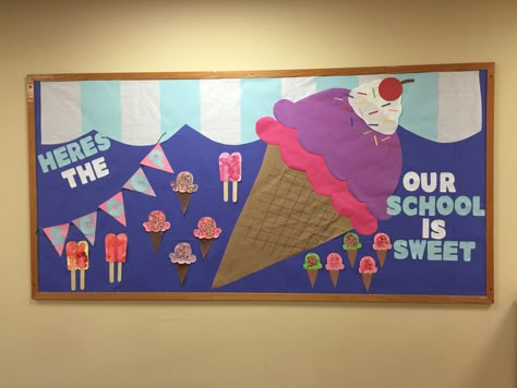 Ice cream bulletin board Ice Cream Back To School Bulletin Board, Ice Cream Classroom Theme Bulletin Boards, Ice Cream Cone Bulletin Board Ideas, Ice Cream Themed Bulletin Board, Here's The Scoop Bulletin Board, Sweet Bulletin Board Ideas, Ice Cream Truck Bulletin Board, Ice Cream Door Decorations Classroom, Ice Cream Bulletin Board Ideas