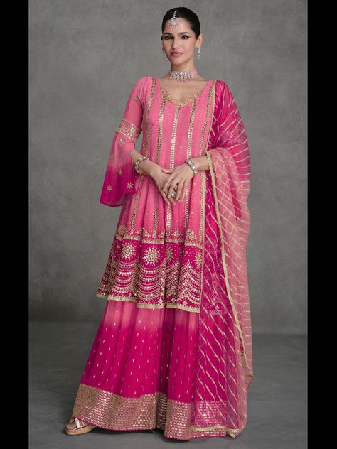 Rani Pink Heavy Real Georgette Sharara Suit 191689 Anand Karaj Outfit, Salwar Styles, Aesthetic Modest Outfits, Pink Sharara Suit, Plazzo Dress, Pink Sharara, Suits For Women Indian, Latest Salwar Kameez Designs, Sharara Dress