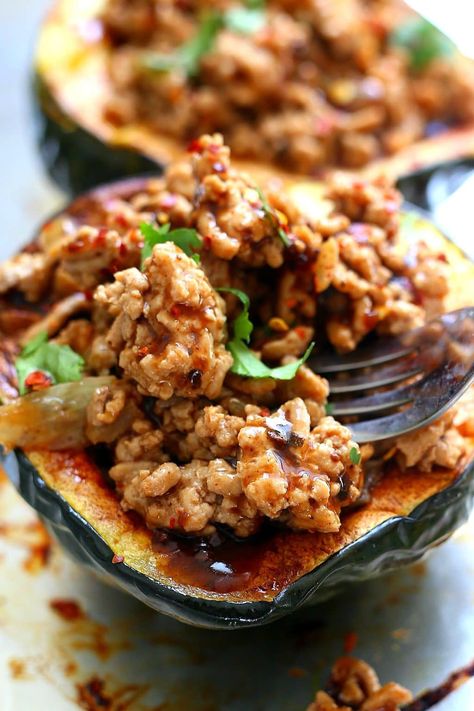 Acorn Stuffed Squash With Korean BBQ Ground Turkey | Delightful Mom Food Ground Turkey Acorn Squash, Ground Turkey Stuffed Acorn Squash, Turkey Acorn Squash, Bbq Ground Turkey, Turkey Stuffed Acorn Squash, Paleo Acorn Squash, Bbq Korean, Turkey Ground, Stuffed Squash