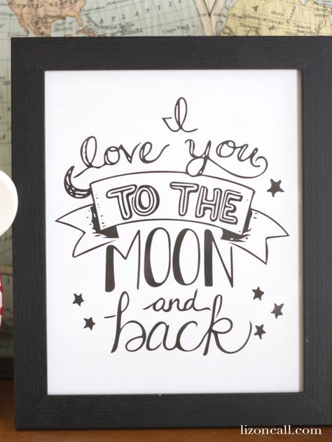 This I love you to the moon and back free printable is the perfect art work to display in your kid's room. I love that they are reminded everyday how much they are loved. Free Nursery Printables, Baby Boy Quotes, Inexpensive Decor, Free Wedding Printables, Printable Pictures, Back Painting, Baby Shower Decorations For Boys, Boy Quotes, Nursery Printables