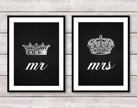 Set of Two 2 Mr and Mrs His Hers King Queen Crown A4 Prints Wall Art Home Decor Black White Chalkboard Love Wedding Anniversary Gift on Etsy, $30.75 Queen Bathroom, Crown Wall Decor, Black Gold Bedroom, Crown For Wedding, White Chalkboard, King And Queen Crowns, Crown Decor, Redecorating Ideas, 8x10 Prints