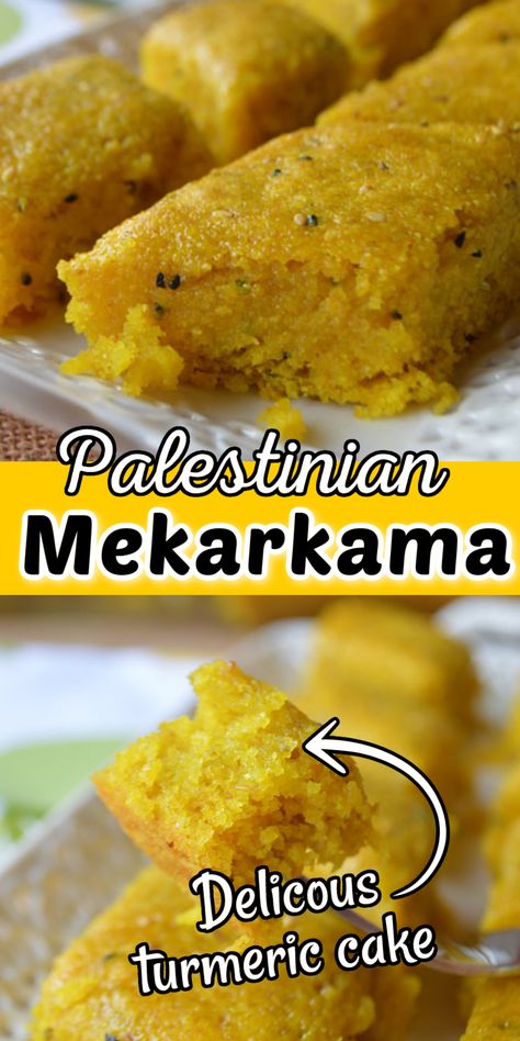 Al Mekarkama is an ancient Palestinian dessert, colorful and fragrant. Spice up your morning - or afternoon as well - with this fragrant and unique turmeric cake. Ancient Dessert Recipes, Meditteranean Dessert, Middle Eastern Dessert Recipes, Turmeric Cake, Middle Eastern Recipes Arabic Food, Moroccan Desserts, Mediterranean Desserts, Everyday Breakfast, Desserts Around The World