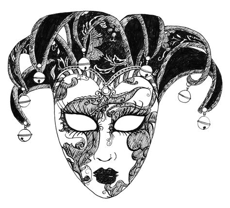 I enjoy Venetian masks because of their intricate and elegant beauty. For a sketchbook project I wanted to capture each specific detai... Venice Mask Tattoo, Masquerade Mask Drawing, Venetian Mask Tattoo, Masquerade Mask Tattoo, Italian Masks, Jester Mask, Journal 2023, Venice Mask, Clown Tattoo