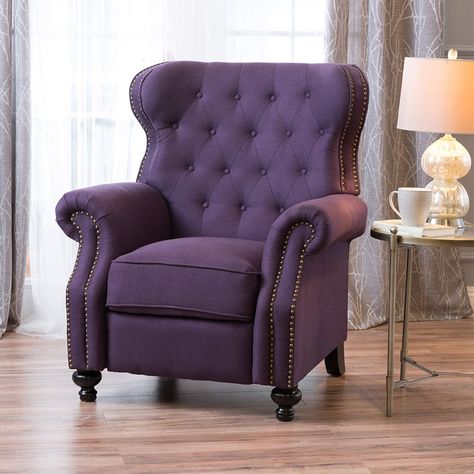 purple wingback chair recliner with button tufting and plush seat | Interior Design Ideas Purple Accent Chair, Mid Century Recliner, Single Couch, Purple Furniture, Purple Chair, Single Sofa Chair, Reclining Armchair, Single Sofa, Furniture Deals