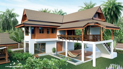 Province House Design Philippines, Vacation House Design, Thai Houses, Thai House Design, Extension Veranda, Tropical House Design, Wooden House Design, Thai House, House On Stilts