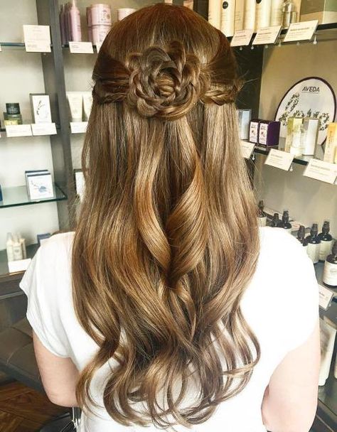 Half Up Hairstyle With A Braided Flower Flower Bun, Half Up Half Down, Half Up, Hairstyle Ideas, Long Hair, Hairstyles, Hair