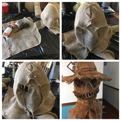 My version of a Scary Scarecrow mask. I used burlap, adhesive spray, twill string, a styrofoam mannequin head, a cowboy hat from goodwill, and paint. The adhesive spray really helped in shaping the features. Loved how this turned out! Now to create his body.. stay tuned Diy Scarecrow Head Ideas, Diy Halloween Scarecrow Decoration, Burlap Halloween Mask, Diy Scary Scarecrow Costume, Scarecrow Mask Diy, Scarecrow Head Ideas, Scarecrow Costume Scary, Mannequin Head Halloween Ideas, Scary Scarecrow Diy