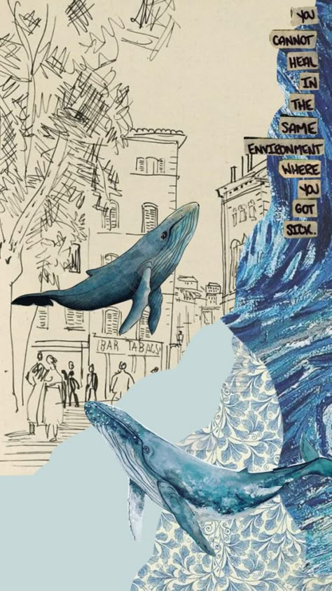 Marine Biology Aesthetic Collage, Gcse Study, Whale Collage Art, Underwater Collage Art, Whale Pollution Art, Whale Bullet Journal, Whale Illustration, Sketchbook Cover, Whale Shark