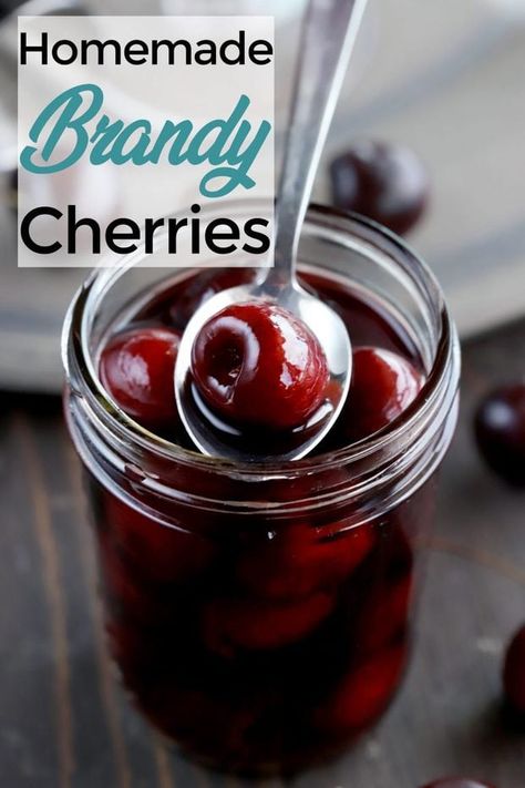 Homemade Brandy Cherries are the perfect garnish for your favorite cocktails! Plump, tart cherries are soaked in tart cherry juice, brandy and spiced rum to give you a homemade version of those fancy cherries you love. They also make a fantastic gift for your cocktail-lovin’ friends! #cocktailgarnish #cocktailhour #cocktailrecipes #cakenknife #garnish Brandy Drink Recipes, Brandy Cherries, Brandied Cherries Recipe, Spiced Rum Cake, Cherries Recipes, Brandy Drink, Alcoholic Treats, Cherry Topping, Homemade Alcohol