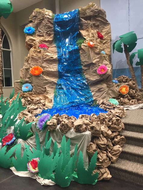 Our Shipwrecked VBS waterfall - stage decorations Waterfall Decoration, Maker Fun Factory, Jungle Decorations, Vbs Themes, Stage Decorations, Shipwreck, Hanukkah Wreath, Float, Building