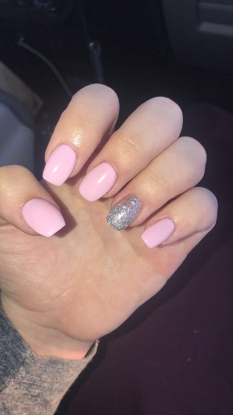 Baby Pink And Silver Nails, Pink With Silver Glitter Nails, Baby Pink Nails With Glitter, Sweet 16 Nails, Nails After Acrylics, Pastel Pink Nails, Pink French Nails, Real Nails, Silver Glitter Nails