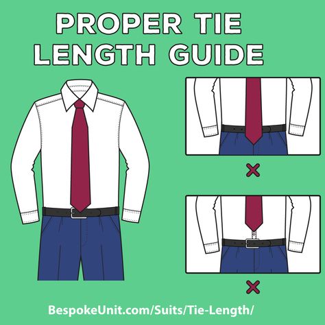 An inch here or there can make an outfit go from sharp to sloppy, fast! This is especial true for tie length. Incorrect tie length is one of the most common "mistakes" gentlemen make when donning a suit. It's also one of the easiest to fix , once you know exactly what length a tie should be. See How To Wear A Watch, Tie Length Men, Classic Standard Tie For Business, Classic Business Standard Tie, Dapper Ties For Workwear, Dapper Standard Tie Neckwear, How To Tie A Necktie, Tie A Necktie, Evening Suit