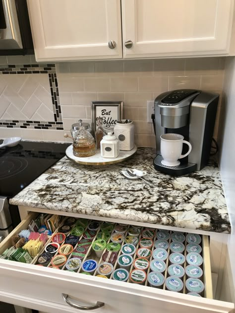 Keurig countertop coffee, tea & hot chocolate station Keurig On Countertop, Coffee Station On Countertop, Coffee Corner Ideas Countertop, Coffee And Tea Station Countertop, Keurig Coffee Station On Counter, Keurig Station, Countertop Coffee Station, Coffee Station Ideas Countertop, Tea Counter