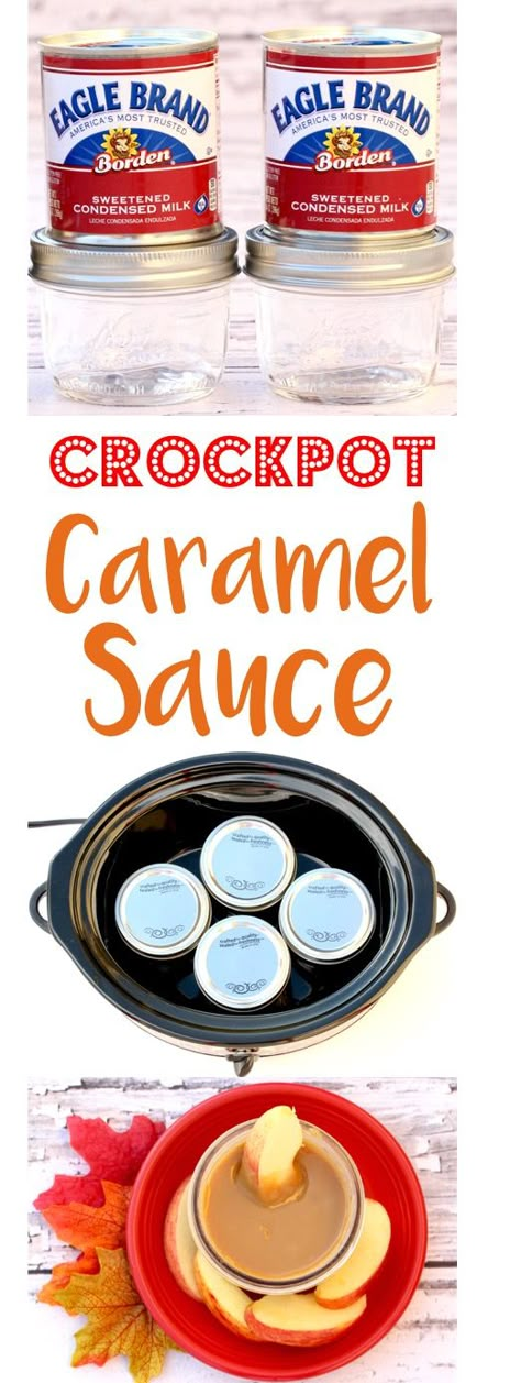 Crockpot Caramel Sauce! Easy Recipes are my favorite, and this 1 Ingredient Condensed Milk ooey gooey caramel sauce is as easy as it gets!  Perfect for dipping apples and adding to desserts! Caramel Crockpot, Crockpot Caramel Sauce, Crockpot Caramel, Caramel From Condensed Milk, Filet Mignon Chorizo, Party Meals, Crockpot Desserts, Autumn Desserts, Caramel Sauce Recipe