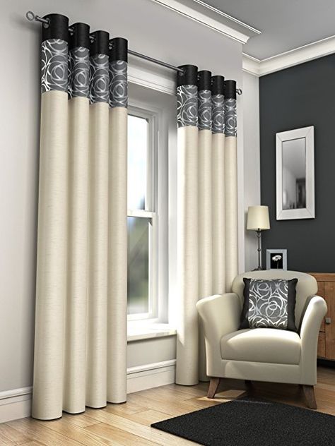 ONE PAIR OF FAUX SILK FULLY LINED EYELET CURTAINS 90" X 90" APPROX. FOIL PRINT CREAM WITH BLACK GREY AND SILVER Teal Curtains, Lily Ring, Voile Panels, Plain Curtains, Eyelet Curtains, Red Curtains, Home Curtains, Curtain Designs, Colorful Curtains