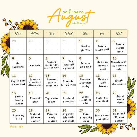 Bullet Journal Habit Tracker Ideas August Self Care Calendar, August Challenge Self Care, Bullet Journal Templates, Challenge Calendar, Adult Activities, Free Planner Templates, August Challenge, Self Care Challenge, 24 Day Challenge