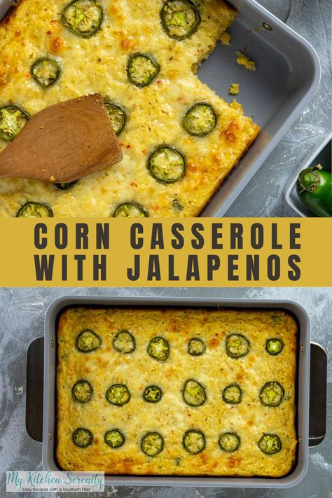 Deliciously sweet from the corn and cornbread, spicy from the fresh jalapeños and pepper jack, and creamy from the cheese and sour cream! A side dish that everyone will enjoy not only for special occasions such as Thanksgiving and Christmas dinner, but any time of the year! Corn And Jalapeno Side Dish, Jalapeño Corn Casserole, Scalloped Corn Casserole, Thanksgiving Meal Plan, Easy Holiday Side Dishes, Cornbread With Corn, Cream Cheese Corn, Southern Cooking Recipes, Corn Casserole Recipe