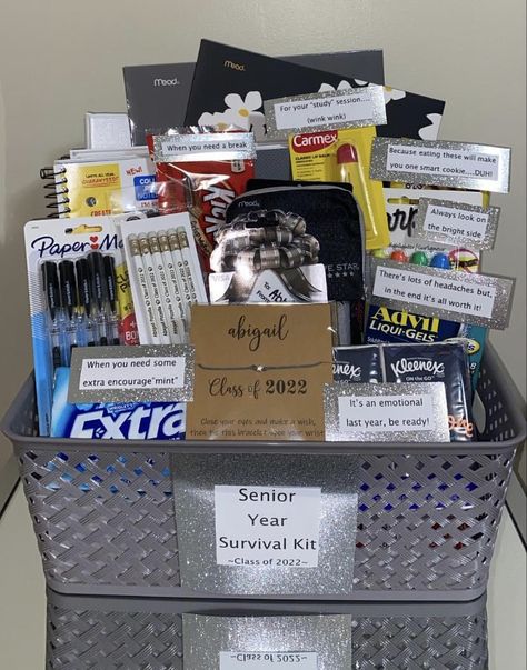 High School Senior Basket Ideas, First Day Of Senior Year Gift Basket, Grad Baskets For Guys, Senior Year Gift Basket, First Day Of Senior Year Gift, First Day Of Senior Year Gift Ideas, Grad Basket Ideas, Senior Basket Ideas, Senior Baskets Gift Ideas High Schools