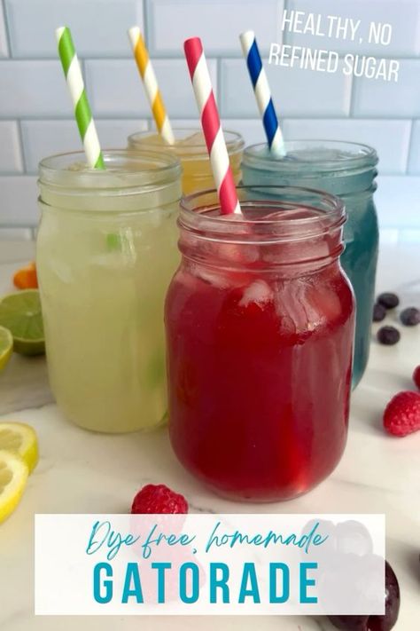 Dye free, no refined sugar, healthy and hydrating electrolyte drinks Homemade Gatorade Recipes, Homemade Gatorade Electrolyte Drink, Healthy Banana Pudding, Homemade Gatorade, Lime Lemonade, Carrot Cake Bars, Frosted Lemonade, Paleo Cookies, Gluten Free Cupcakes