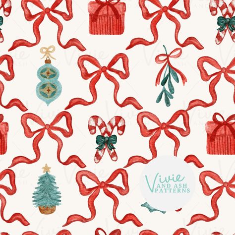 Christmas Bow Pattern, Christmas Pattern Illustration, Christmas Scroll, Christmas Pattern Design, Candy Cane Pattern, Repeating Pattern Design, Christmas Motifs, Red And Green Christmas, Scrapbook Background