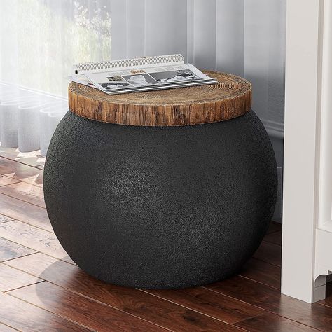 PRICES MAY VARY. ✅【Unique Drum Shaped Design】: The walnut colored faux wood tabletop complement with the black jar shaped base, outlines and innocent and rustic beauty. A perfect side table for patio, porch, balcony, living room or next to the sofa and chair, bring warm atmosphere to your home. ✅[High Quality and Durable]:This side table is crafted from high-quality MgO composite material, which is resistant to water and high temperature, and can adapt to complex and changing weather conditions. Concrete End Table, Decorative Side Table, Plant Stool, Drum End Table, Side Table Plant, Accent Table Decor, Side Table Decor, Porch Balcony, Accent Stool