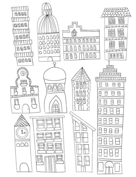 Set of 11 Doodle Buildings City Graphics Clipart Images Apartment Clock Tower Skyscraper House High