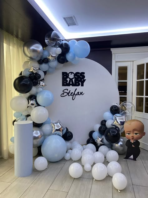 Boss Baby Balloon Arch, Baby Boss Baby Shower Theme, Anniversaire Baby Boss, Boss Baby First Birthday Boy, Boss Baby Baby Shower Ideas Boy, Boss Baby Theme Birthday Decoration, Baby Boss Theme Party Ideas, Boss Baby Birthday Party Boy Decorations, Black Boss Baby Birthday Party Boy