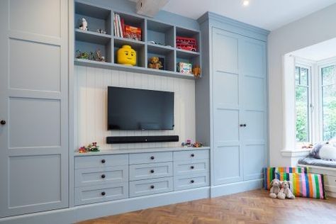 Tv And Media Storage, Tv Room Storage Cabinets, Gray Living Room Cabinets, Media Wall Cabinet, Kids Tv Wall, Study Room Storage, Closet Con Tv, Downstairs Playroom, Playroom Cabinet