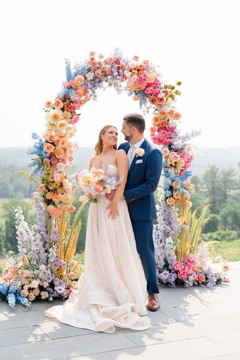 A whimsical, colorful summer wedding at The Mansion at Natirar, inspired by Taylor Swift’s Lover album. See the rainbow color scheme with this beautiful floral ceremony arch. Wedding Ideas Summer Colors, Bridgerton Wedding, Pastel Wedding Theme, Colorful Summer Wedding, Wildflower Wedding Theme, Lover Album, Rainbow Wedding, Bright Wedding, The Mansion