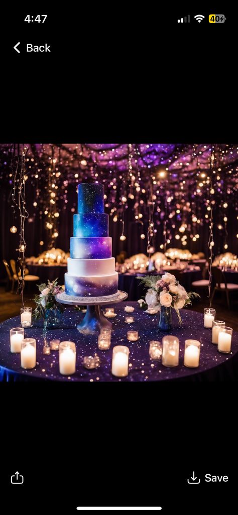 Galaxy Wedding Cake Ideas, Galaxy Wedding Reception, Galaxy Wedding Theme Centerpieces, Starry Night Wedding Theme, Night Sky Wedding, Star Themed Wedding, Starry Wedding, Galaxy Wedding, Starry Night Wedding